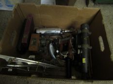 BOX CONTAINING FIRE EXTINGUISHER, ICE SKATE BLADES, MILITARY TYPE SCOPE ETC