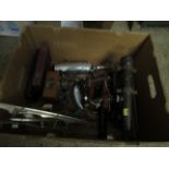 BOX CONTAINING FIRE EXTINGUISHER, ICE SKATE BLADES, MILITARY TYPE SCOPE ETC