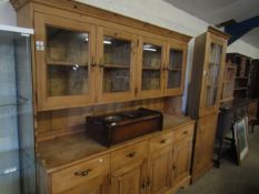 GOOD QUALITY WAXED PINE DRESSER, THE TOP FITTED WITH FOUR GLAZED DOORS, THE BASE WITH FOUR DRAWERS