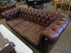 BROWN LEATHERETTE THREE SEATER CHESTERFIELD SOFA