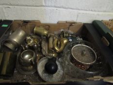 BOX CONTAINING MIXED SILVER PLATED WARES, BRASS HORN ETC