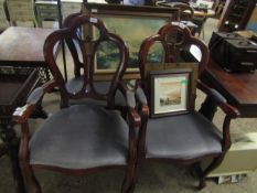 SET OF FOUR PINE FRAMED SHAPED BACK DINING CHAIRS WITH BLUE VELOUR UPHOLSTERY COMPRISING TWO