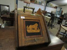 WALNUT FRAMED COAL BOX WITH BRASS TOP HANDLE AND INLAID PANEL TO FRONT