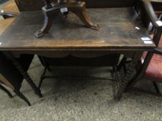 MID-20TH CENTURY OAK FRAMED FOLD-OVER CARD TABLE WITH GREEN BAIZE INTERIOR ON BOBBIN TURNED SUPPORTS