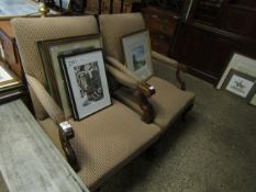 PAIR OF BEECHWOOD FRAMED ARMCHAIRS WITH SCROLLING ARMS WITH STRIPED UPHOLSTERY