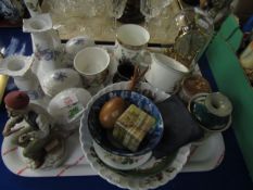 BOX CONTAINING MIXED CHINA WARES, PART DRESSING TABLE SET, ANNIVERSARY CLOCK ETC