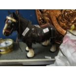 FIVE VARIOUS PORCELAIN SHIRE HORSES AND HARNESSES, TOGETHER WITH TWO FURTHER BRASS HORSES, A