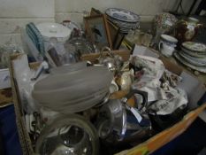 TWO BOXES OF MIXED KITCHEN WARES, CHINA WARES, LIGHT SHADES, CHAMBER STICKS ETC
