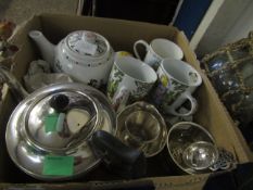 BOX CONTAINING SILVER PLATED THREE PIECE TEA SET, CHINA WARES ETC