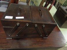 OAK FRAMED CONCERTINA SEWING BOX AND CONTENTS