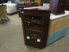 19TH CENTURY MAHOGANY AND BOXWOOD STRUNG WALL MOUNTED CORNER CUPBOARD WITH ASTRAGAL GLAZING AND