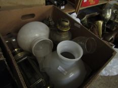 BOX CONTAINING MIXED BRASS OIL LAMPS, LANTERN, FUNNELS AND OPAQUE LAMP SHADES