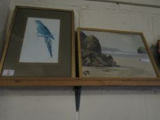 FIVE MIXED FRAMED ORNITHOLOGICAL PRINTS, TOGETHER WITH TWO MIXED MEDIA PICTURES OF BEACH SCENES
