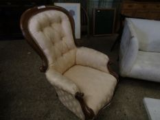 VICTORIAN MAHOGANY FRAMED SPOONBACK ARMCHAIR WITH PUCE UPHOLSTERED SEAT AND BUTTON BACK RAISED ON