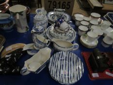 MIXED LOT OF BLUE AND WHITE WARES, DISHES, PLATES, TEA POT ETC