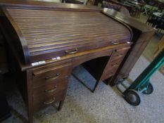 OAK FRAMED TWIN PEDESTAL DESK WITH TAMBOUR ROLL TOP