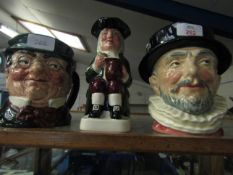 ROYAL DOULTON BEEFEATER JUG, TOGETHER WITH A FURTHER DOULTON MR PICKWICK JUG AND A WADE CHARACTER