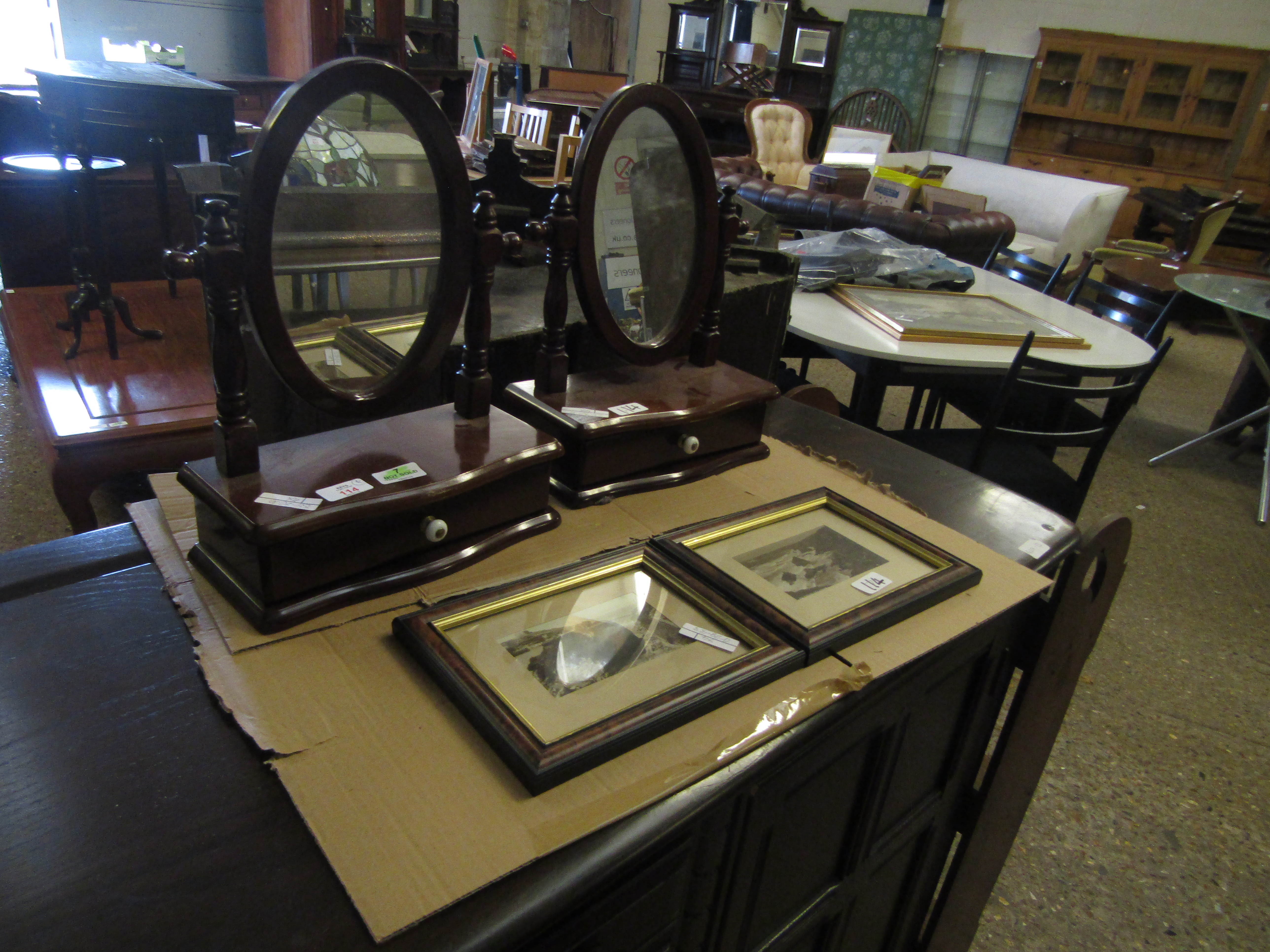 TWO TEAK SMALL DRESSING TABLE MIRRORS WITH SINGLE DRAWERS AND KNOB HANDLES TOGETHER WITH TWO