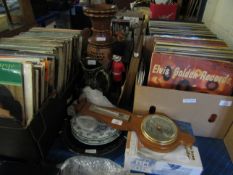 MIXED LOT OF CARVED VASE, PICTURES, JUG, TEAK FRAMED BAROMETER ETC