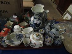 TRAY CONTAINING MODERN DELFT WARES, A COTTAGE TYPE FOUR PIECE TEA SET