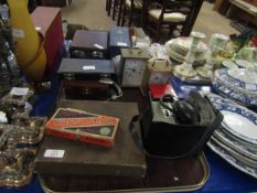 BOX CONTAINING MANTEL CLOCK, ROLLS RAZORS, CASED SCALES, ROYAL AIR FORCE VIDEO HISTORY ETC