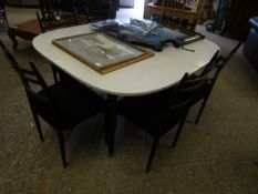 RETRO WHITE MELAMINE TOP EXTENDING DINING TABLE WITH A SET OF SIX EBONISED LADDER BACK DINING CHAIRS