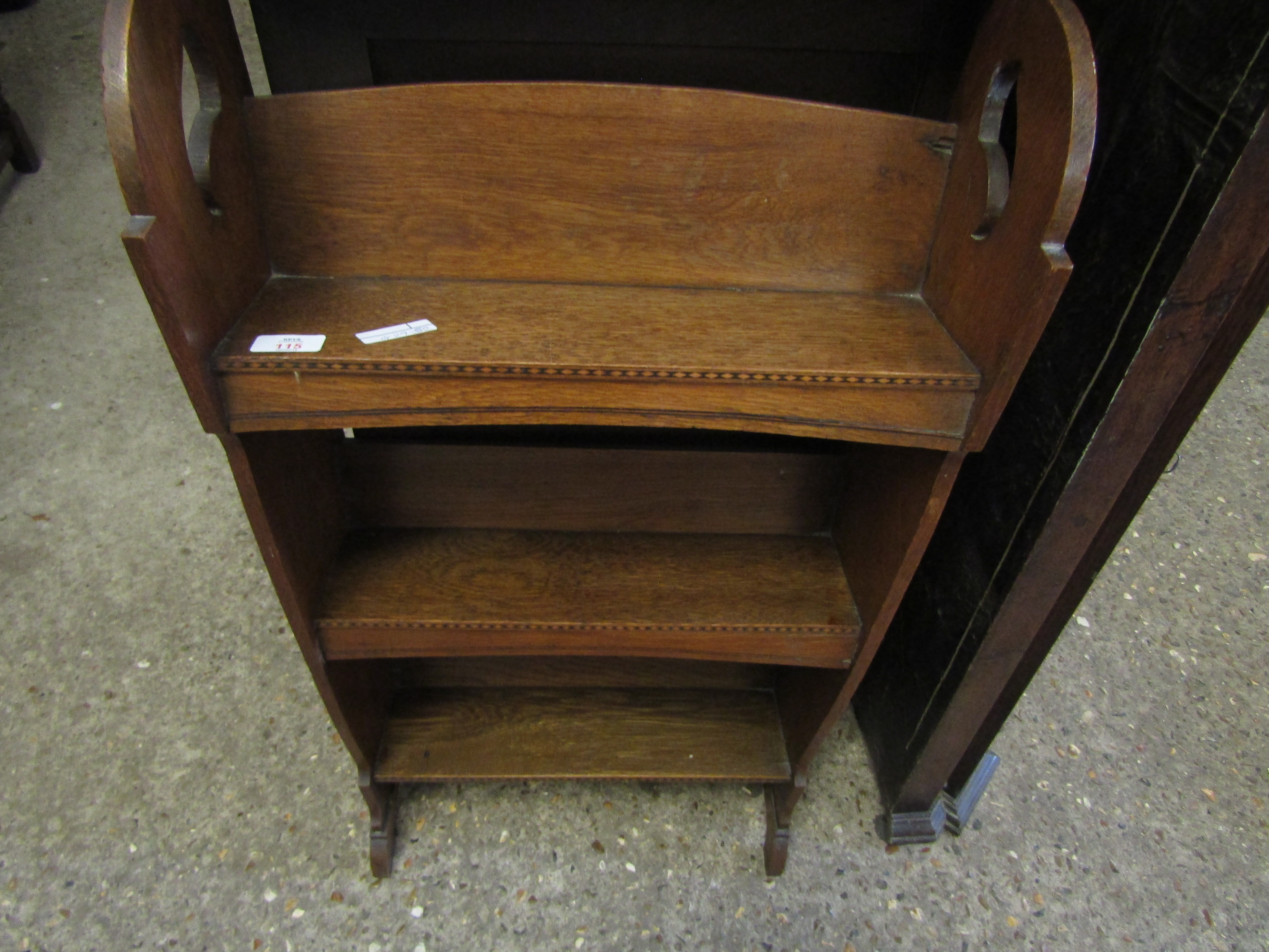 OAK FRAMED THREE TIER BOOKCASE WITH INLAID DETAIL AND PLANK ENDS