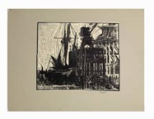 E Prust ? (20TH CENTURY) Dockyard, black and white woodblock, signed in pencil to lower right