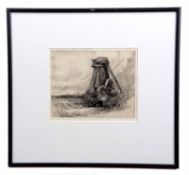 T B Cato (19/20th Century) Landscape with mill, black an white etching, signed in pencil to lower