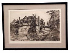 •AR Raymond Teague Cowern (1913-1986) Back of Queens College, Cambridge, black and white etching,