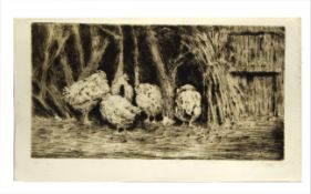 Horace Mann Livens (1862-1936) Chickens,black and white etching, initialled in pencil to lower right