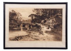 WILFRED BALL (1853-1917), River scene with figures and bridge, black and white etching, published