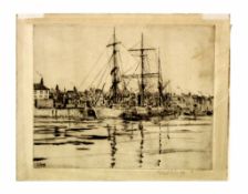 •AR Rowland Fisher, ROI, RSMA (1885-1969) Ships in Harbour, black and white etching, signed and