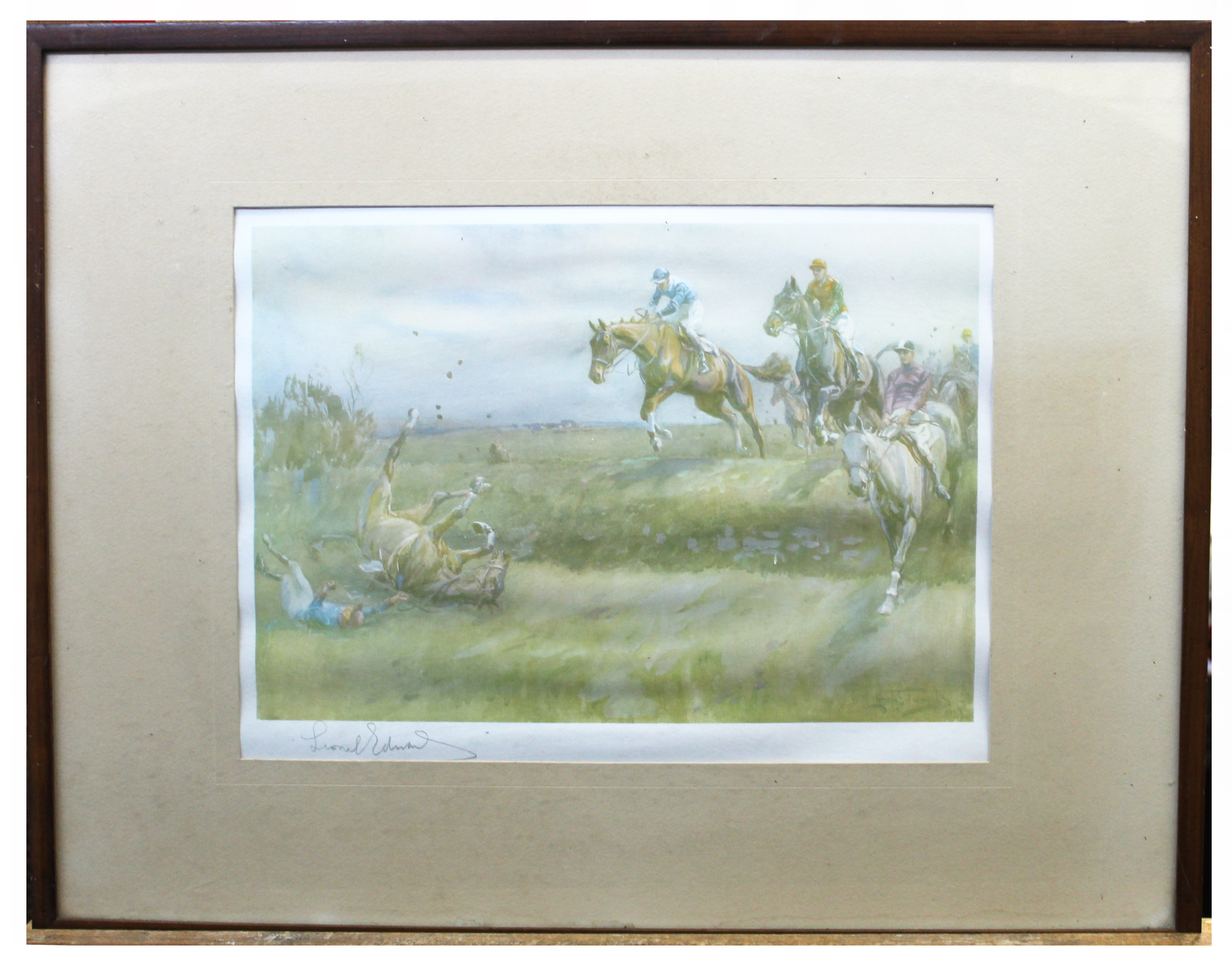 Lionel Dalhousie Robertson Edwards (1878-1966), "Punchestown - Jumping a Big Bank", coloured