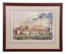 AFTER W T OLIVER, Tower of London on Fire, hand coloured lithograph, c1841, 26 x 37cm