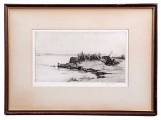 Joseph Cook (19/20th Century) Estuary with boat, black and white etching, signed in pencil to