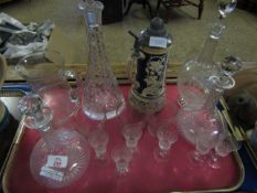 TRAY DECANTERS, BEAKERS, SHERRY GLASSES AND A GERMAN BEER STEIN