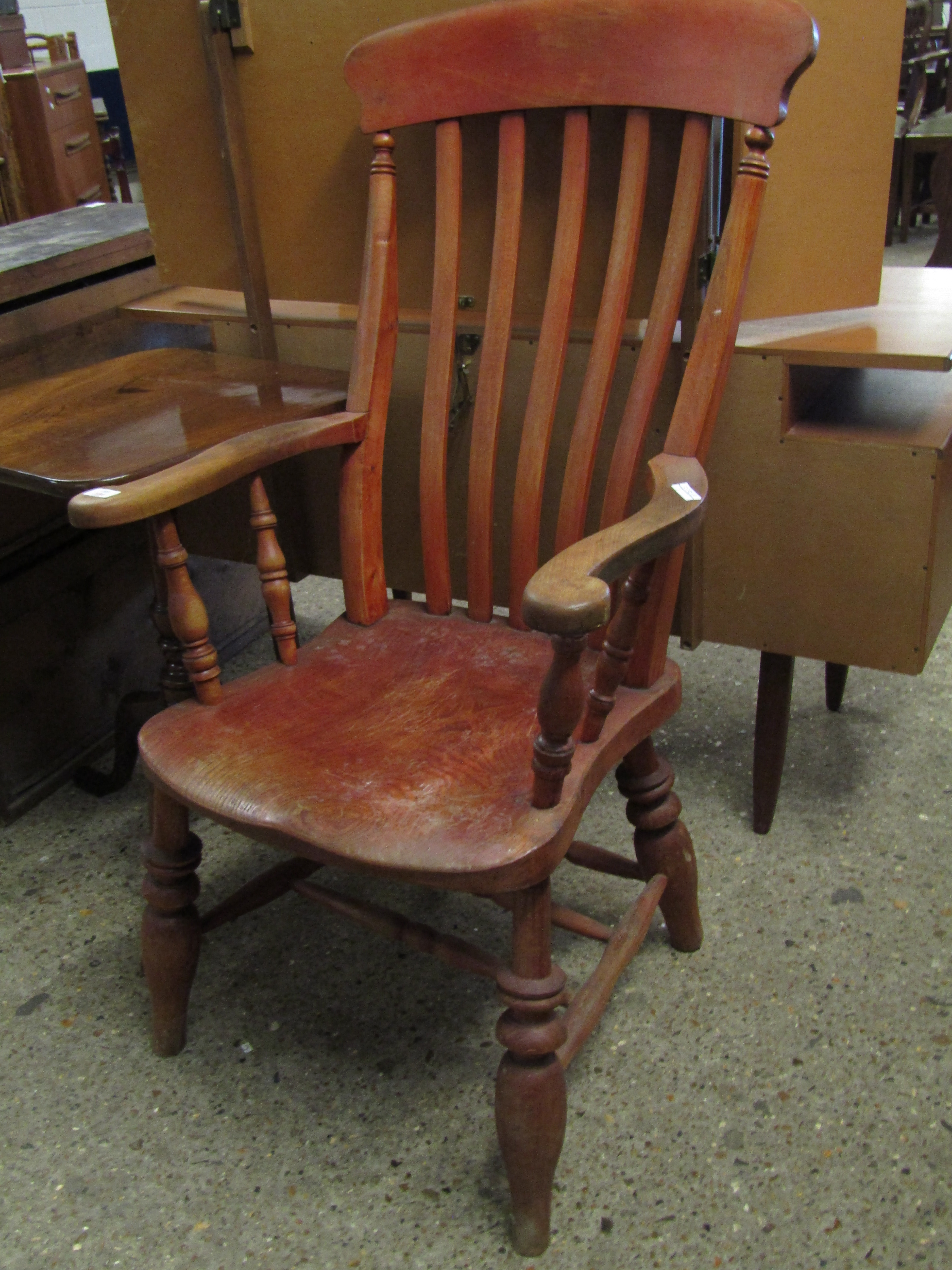 ELM HARD SEATED STICK BACK WINDSOR ARMCHAIR ON AN H STRETCHER