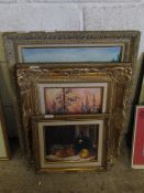 THREE ASSORTED OILS ON CANVASS ONE OF A WINTER SUN SET SCENE THE OTHER STILL LIFE FRUITS ETC