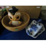 NOVELTY OWL FORMED BISCUIT BARREL TOGETHER WITH A TREEN BOWL AND BUTTER DISH (3)