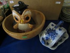 NOVELTY OWL FORMED BISCUIT BARREL TOGETHER WITH A TREEN BOWL AND BUTTER DISH (3)