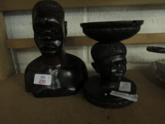 EBONY CARVED BUST OF AN AFRICAN TOGETHER WITH A FURTHER HEAD FORMED ASHTRAY