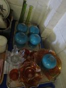 SET OF FIVE BLUE GLASS LAMP SHADES, MIXED CARNIVAL GLASS ETC (2 TRAYS)