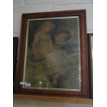 VICTORIAN MAPLE FRAMED COLOURED PRINT OF A BOY AND GIRL