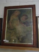 VICTORIAN MAPLE FRAMED COLOURED PRINT OF A BOY AND GIRL