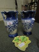 PAIR VICTORIAN BLUE PRINTED VASES AND A CARLTON WARE LEAF FORMED DISH