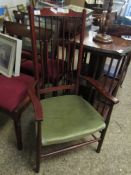 TEAK FRAMED HIGH STICK BACK ARMCHAIR WITH GREEN UPHOLSTERY