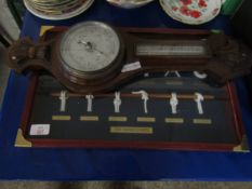 TEAK FRAMED SET OF NAUTICAL KNOTS TOGETHER WITH AN OAK FRAMED WALL BAROMETER