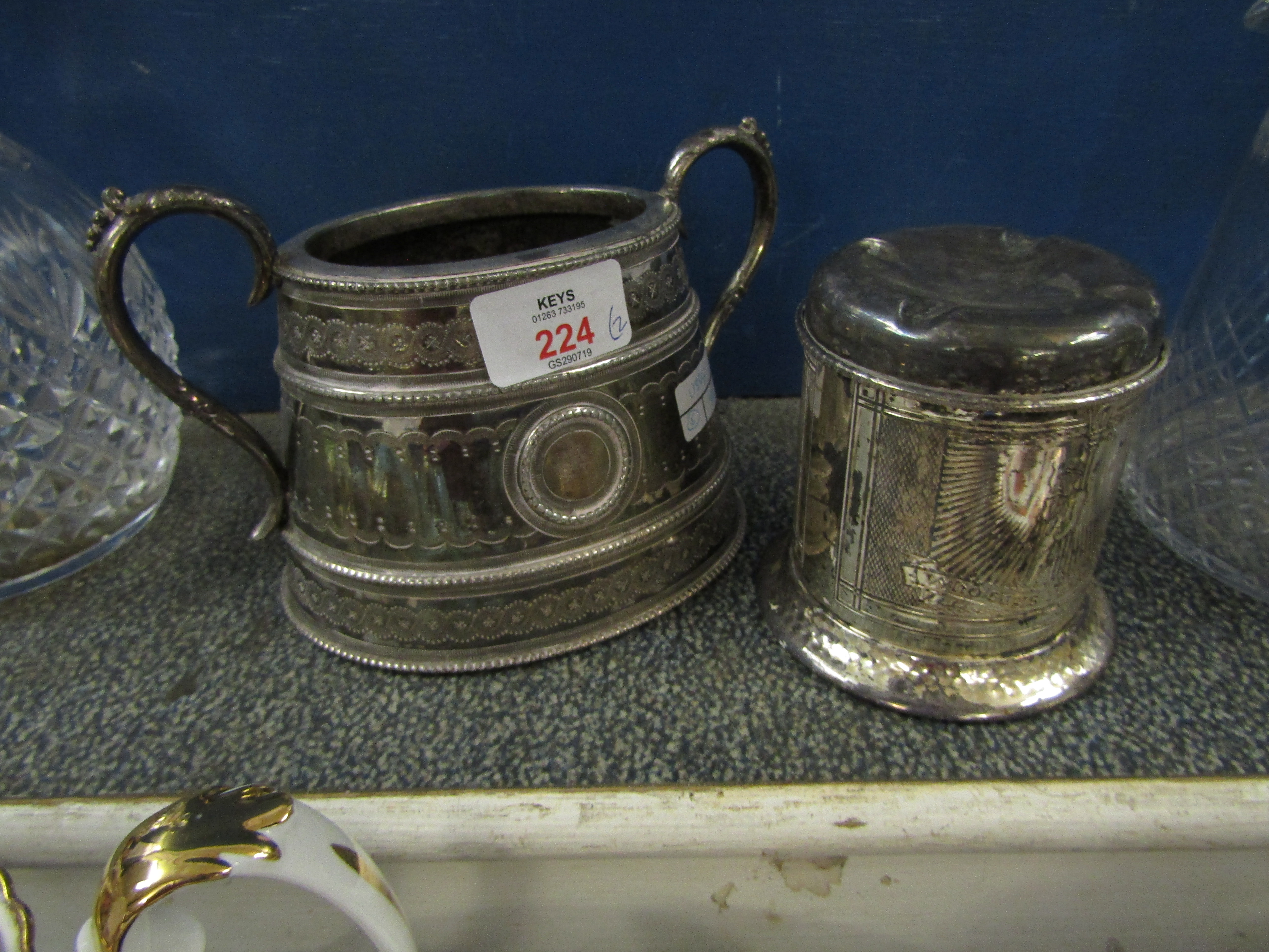 SILVER PLATED TWO HANDLED SUGAR BOWL TOGETHER WITH A SILVER PLATED ASHTRAY (2)