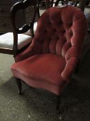 VICTORIAN MAHOGANY FRAMED CORAL UPHOLSTERED AND BUTTON BACK NURSING CHAIR